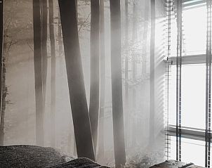 Slaapkamer met bosprint muur in Huisje in Rijnsaterwoude vakantieaccommodatie in Groene Hart Zuid-Holland.
